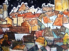 Boceto de casa, tejados y noche,acrilico y sanguinas - Javier Coppel - Acuarelas y otros 1968 - 2010